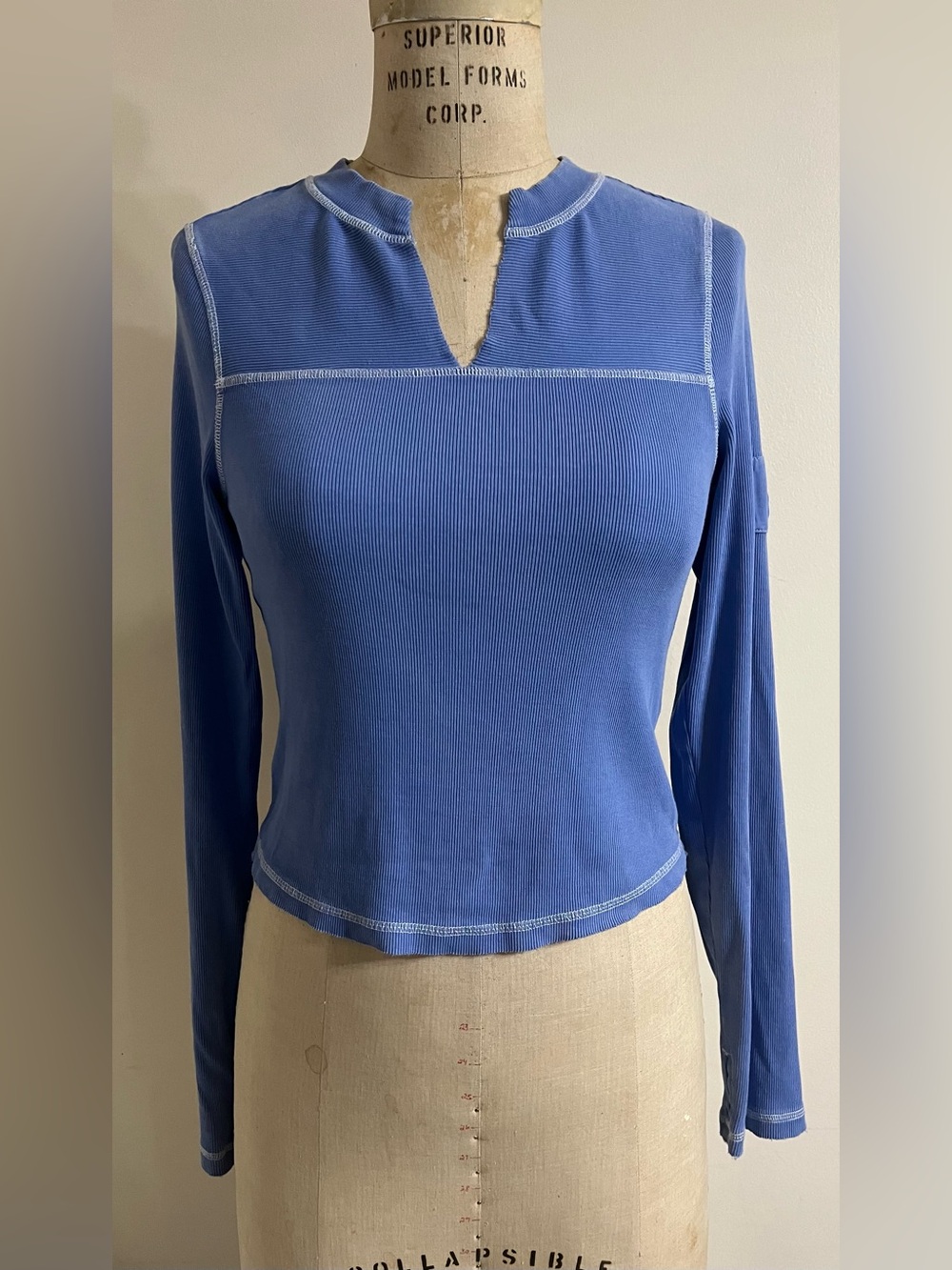 Free People Movement Blue Ribbed Notched Neck Good Sport Layer Top Size Large